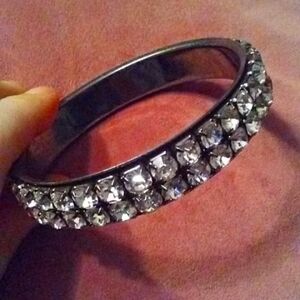 Vintage 50s Pave Rhinestone Bangle Bracelet  Rhinestones Gunmetal Dark Silver Lg